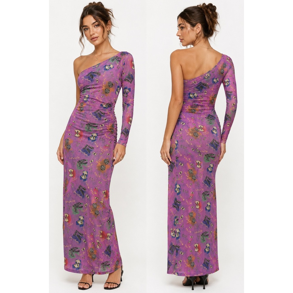 Colin Locascio One Shoulder Ruched Mesh Maxi Dress Purple Novelty Print NWT Sz S